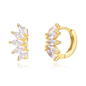 Golden marquise-cut cubic zirconia hoop earrings with S925 silver pins and leaf design