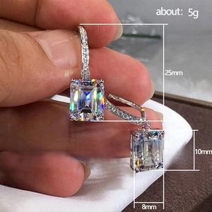 Elegant emerald cut zircon drop earrings in silver finish for women, length 25mm