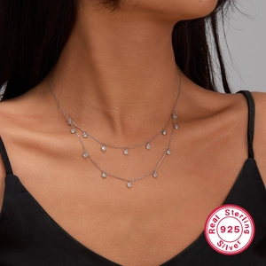 Double-layered 925 sterling silver necklace for women with sparkling cubic zirconia stones