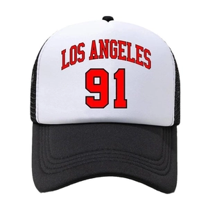 Fashionable Los Angeles 91 trucker hat with black breathable mesh and white front panel