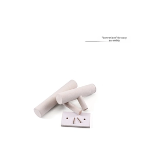 Disassembled parts of ice gray velvet T-bar jewelry stand showing assembly base and rods