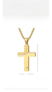 Detail of 42mm crack-textured gold titanium steel cross pendant with a small diamond inlay