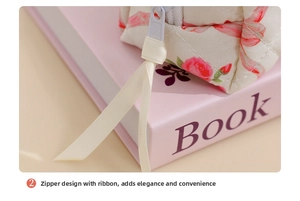 Detail of floral quilted makeup bag with cream satin ribbon zipper pull and rose patterns