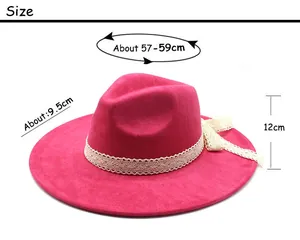 Size chart showing 57-59cm circumference and 9.5cm wide brim for the rose red fedora