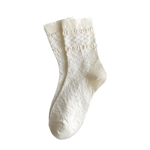 Beige JK knee-high socks with vintage lace knit pattern and ruffle cuffs for women