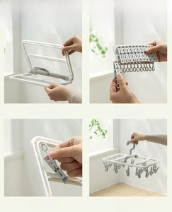 Step-by-step guide showing the assembly of the foldable multi-clip laundry drying rack