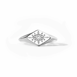 S925 sterling silver evil eye ring with diamond accent and geometric sunburst pattern