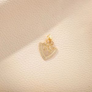 Golden shield pendant with sparkling crystals and sun eye motif on leather background