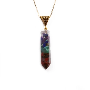 7 Chakra Crushed Stone Hexagonal Column Pendant Necklace Stainless Steel O-Chain Reiki Meditation Jewelry For Women