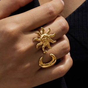 Classic 18K gold plated stainless steel sun and moon open adjustable ring for women