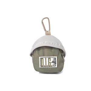 Mini house-shaped storage pouch in olive green with cream roof and plastic carabiner