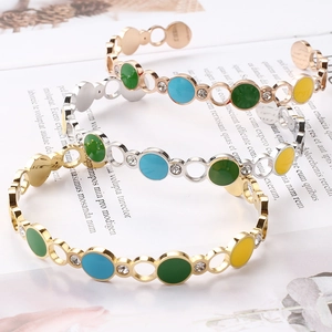 Three-piece colorful enamel and rhinestone stainless steel open bangles in gold and silver