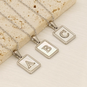 Silver stainless steel alphabet necklaces with white shell inlay pendants A B C