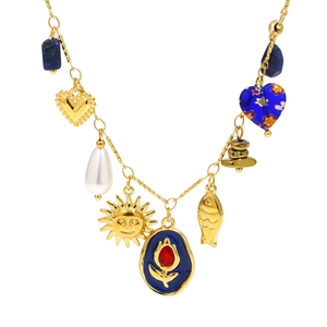 18K gold plated multi-pendant necklace with colorful enamel hearts and pearls