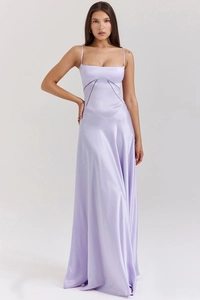 Detailed view of lavender satin maxi dress featuring fine straps and V-shaped waist seam