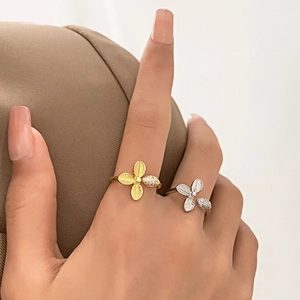 Copper Leaf Flower Ring With Cubic Zirconia Artificial Pearl Adjustable Open Band Elegant Jewelry For Women