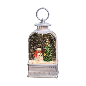 Silver retro Christmas lantern with snowman and tree inside, glowing water glitter globe