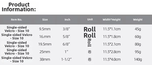 Detailed size specifications table for 9mm to 38mm single-faced velvet ribbons for DIY craft