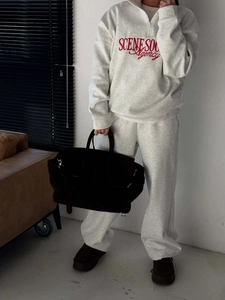 Women's light grey knit tracksuit set with red SCENE SOL Agency embroidery on sweatshirt