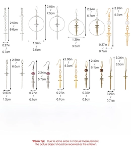 Size chart showing punk cross sword earrings measurements in inches and centimeters