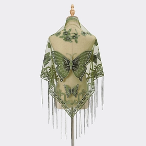 Grass green lace triangle shawl with floral butterfly embroidery and delicate fringe trim