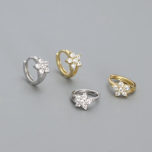 925 Sterling Silver Flower Hoop Earrings Tiny Sparkling Zirconia Floral Huggie For Women Girls Minimalist Sweet Jewelry