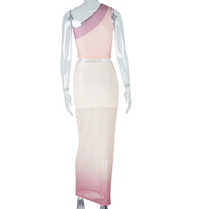 Rear view of pink gradient mesh maxi skirt and one-shoulder tank top set on a mannequin