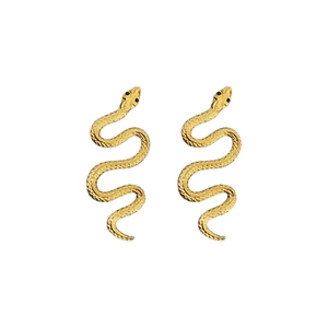 Dramatic golden snake earrings with green crystal eyes and detailed scale texture