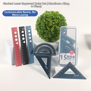 Macro detail of laser engraved aluminum alloy ruler set with 15cm scale and 4 tools