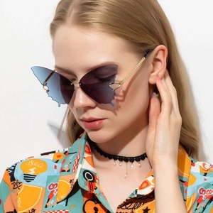 Fashion rimless butterfly sunglasses with blue purple gradient lenses and gold metal arms