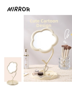 Detail of tulip flower makeup mirror with jewelry tray in cream matte finish