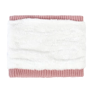 Detail of pink and white plush knit neck warmer with thick fleece lining for winter warmth