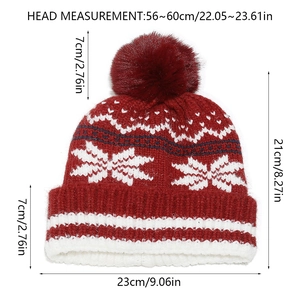 Detailed size chart of knit beanie with snowflake pattern showing 56-60cm head circumference