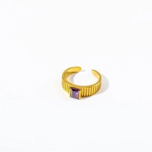 Adjustable gold plated stainless steel ring with a rectangular purple birthstone gemstone