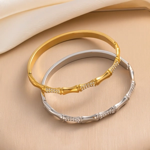 Bamboo Joint Bangle Stainless Steel Micro Pave Zircon Elegant Gold Plated Fashion Jewelry For Women