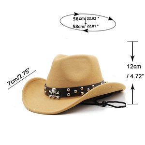 Detailed size chart for camel wool felt cowboy hat with skull badge and adjustable cord