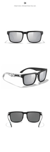 Multi-angle views of polarized square sunglasses with mirrored lenses and graffiti temples