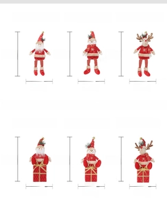 Detailed size specifications for red and gold plush Christmas reindeer and snowman dolls
