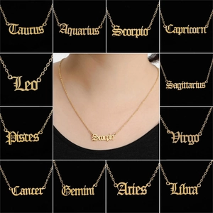 Zodiac Sign Necklace Stainless Steel Old English Gothic Letter Pendant Vintage Constellation Jewelry Gift For Women