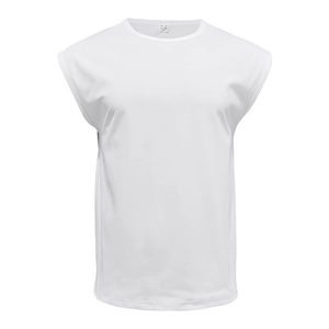 Detail showing the Size M label and knit cotton texture of the white sleeveless t-shirt