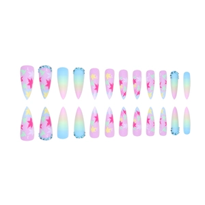 Long stiletto press-on nails with colorful maple leaf art and gradient blue rhinestones
