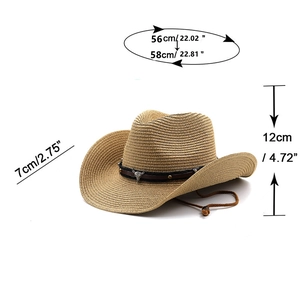 Detail view of woven straw cowboy hat showing dimensions and steer metal ornament