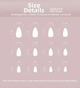 Size chart for French gold glitter press-on nails in 12 sizes for accurate fitting
