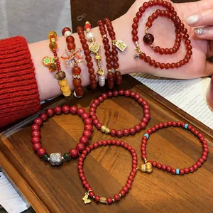 Neuer Chinesischer Stil Roter Achat Perlenarmband Retro Nationaler Trend Damen Eleganter Schmuck Mit Kupfer Zirkonia Zinnober Anhänger