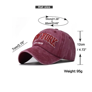 Detailed size guide for vintage washed cotton New York baseball cap in deep burgundy