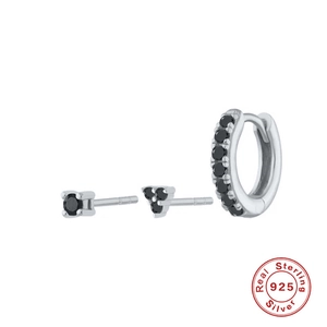 Close-up of S925 sterling silver three-piece earring set with black round diamonds