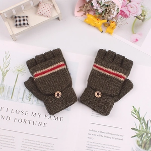 Detail of dark brown flip top knitted gloves with wooden buttons and stripe accents
