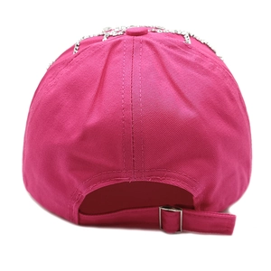 Rear view of rose red cotton baseball cap with rhinestone decor and metal buckle