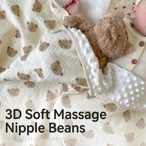 Soft baby weighted blanket with brown bear prints and 3D sensory minky dot fabric backing