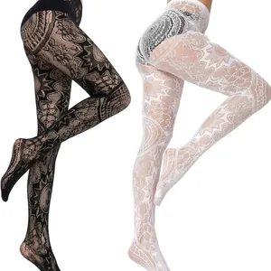 Women Floral Lace Pantyhose Hollow Out Mesh Tights Mandala Pattern High Elastic Sexy Nylon Hosiery For Clubwear Nightlife